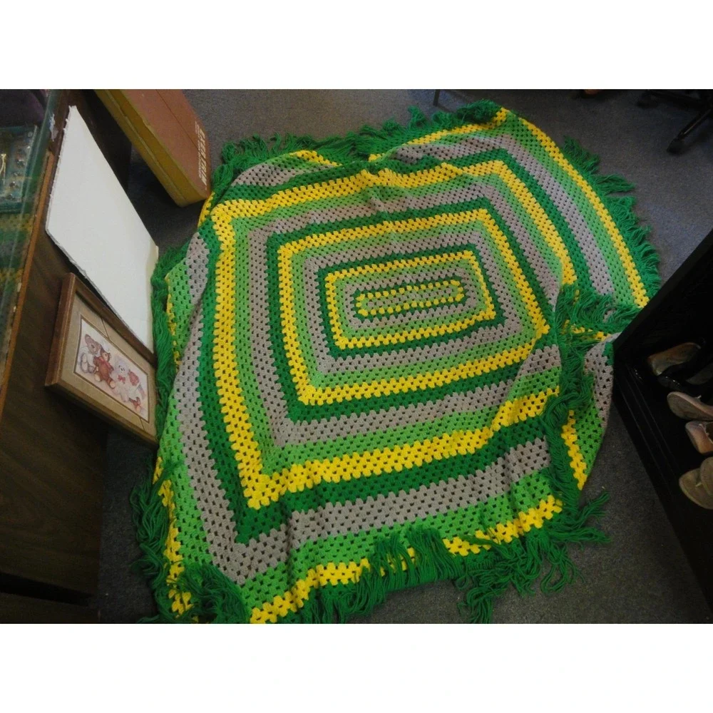Vintage Crochet‎ green yellow grey Granny Afghan Blanket Throw approx 66x69